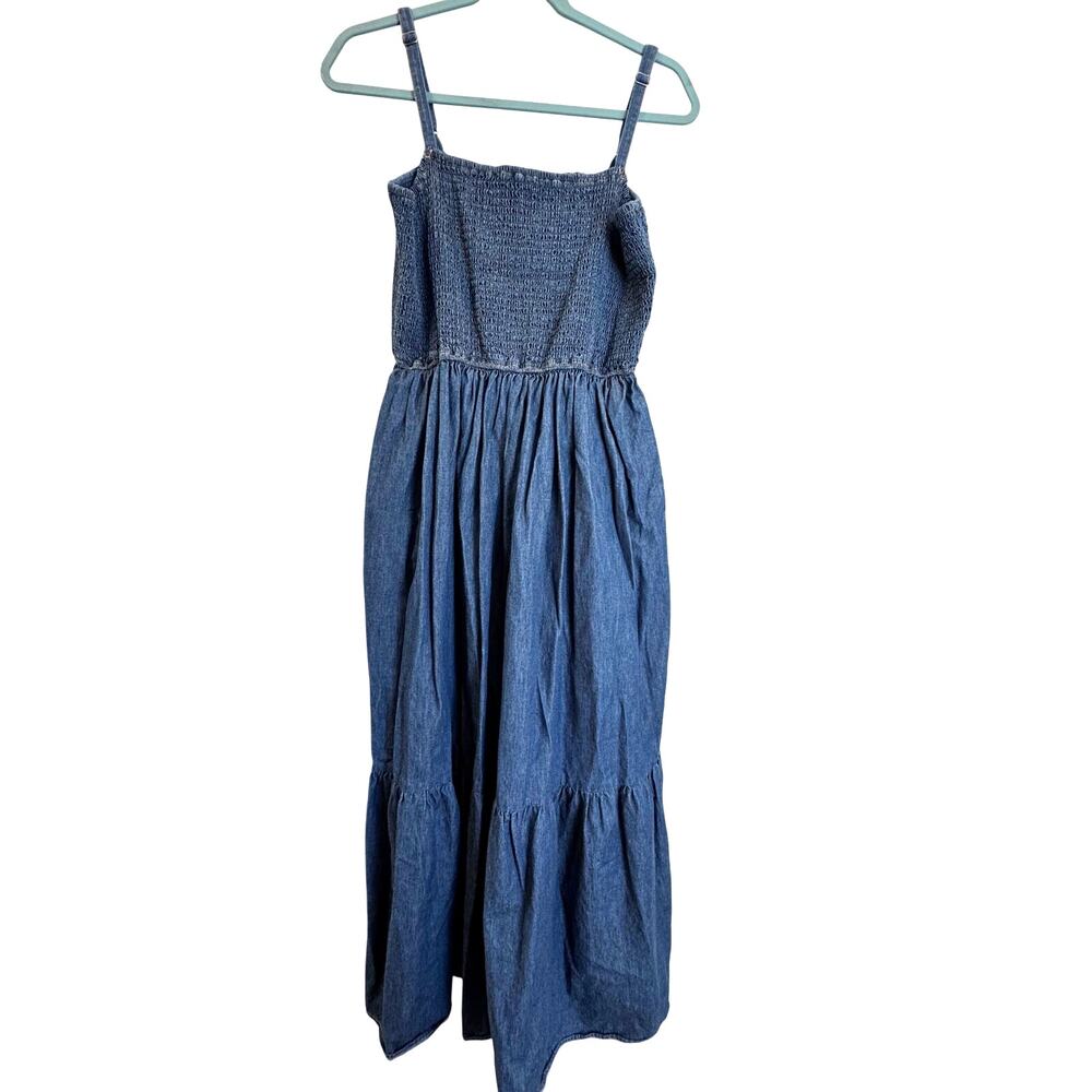 Wrangler Retro Denim Maxi Dress Sz Large Smocked Bodice Boho Western Cowgirl